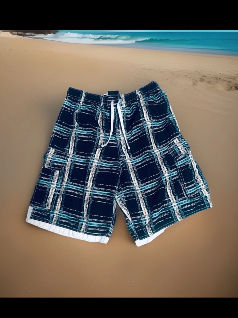 SOLD Banana Split Black w/White,Tan,& Turquoise Horizontal & Vertical Stripes